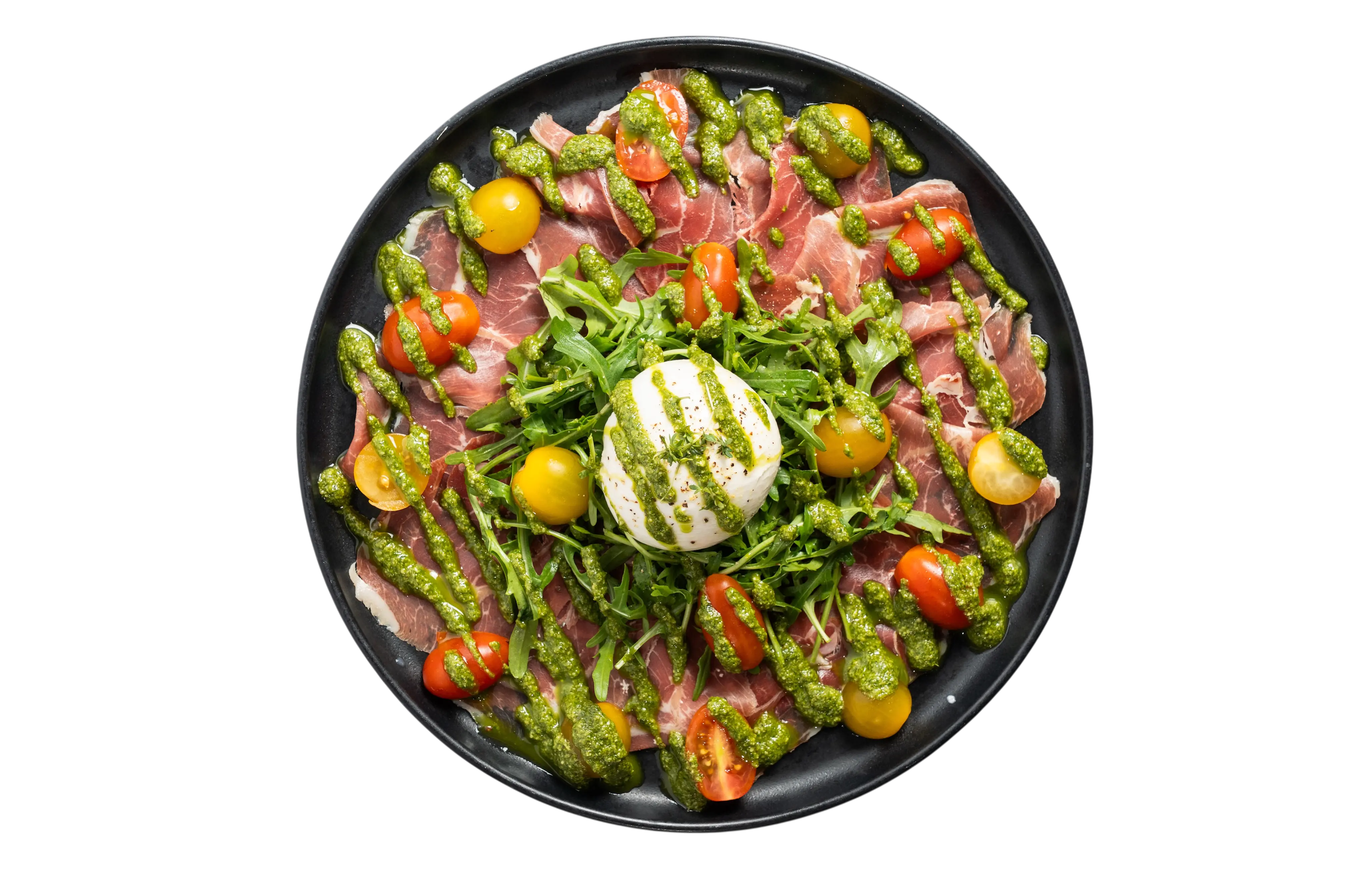 Burrata mit 24 Monate gereiftem Parmaschinken und hausgemachtem Basilikumpesto